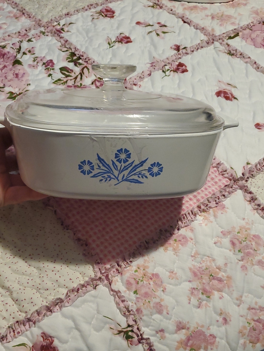 Vintage 2 Qt. Corningware White Casserole Dish, Blue Floral Design and Glass Lid